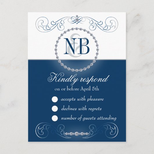 ネイビーとシルバーRSVPポストカードRhinestones インビテーションポストカード (正面)