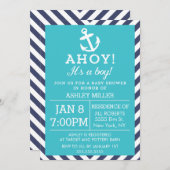 ネイビーとターコイズ航海のシェブロン赤ちゃんシャワー 招待状 (正面/裏面)