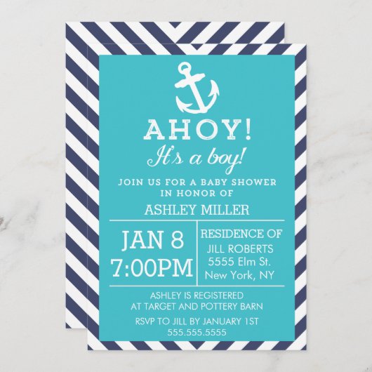 ネイビーとターコイズ航海のシェブロン赤ちゃんシャワー 招待状 (正面/裏面)
