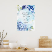 ネイビーとダスティブルーのフローラ結婚のウェルカムサイン ポスター (キッチン)