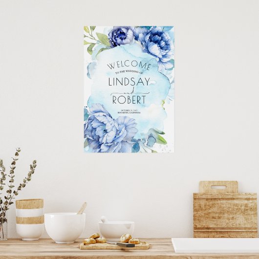 ネイビーとダスティブルーのフローラ結婚のウェルカムサイン ポスター (キッチン)