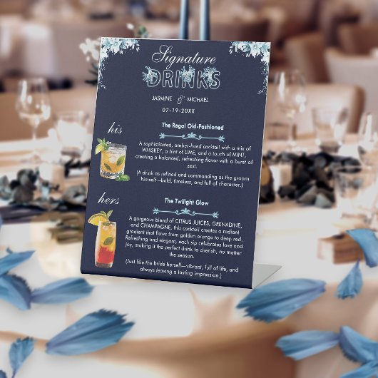 ネイビーとダスティライトブルー結婚の特徴的な飲み物 台座サイン