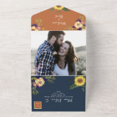 ネイビーとテラコッタのラスティックなひまわりウェディング オールインワン招待状 (外側)