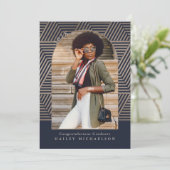 ネイビーとトープ幾何学的プリント写真卒業 招待状 (スタンド正面)