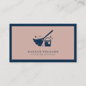 ネイビーとバラピンククリーニングサービスQRコード 名刺 (正面)