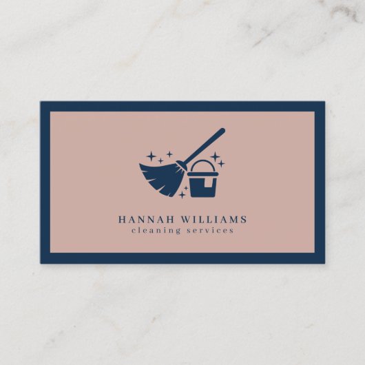 ネイビーとバラピンククリーニングサービスQRコード 名刺 (正面)