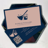 ネイビーとバラピンククリーニングサービスQRコード 名刺