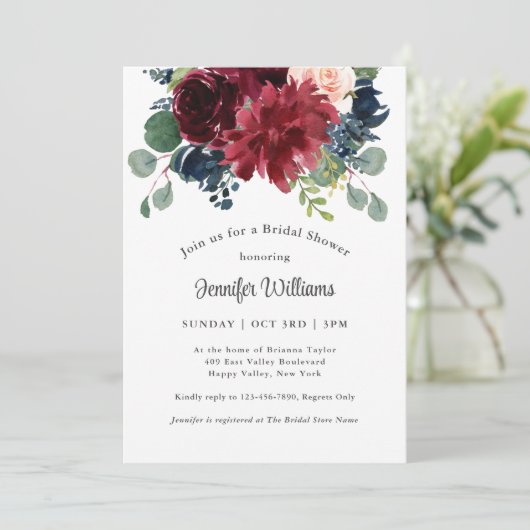 ネイビーとバーガンディの水彩花 招待状 (スタンド正面)