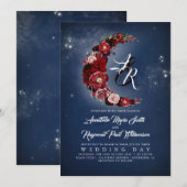 ネイビーとバーガンディの花柄 スターリー・ナイト ムーンワェディング 招待状 (正面/裏面)