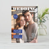 ネイビーとバーガンディの雑誌風ウェディングフォト 招待状 (スタンド正面)