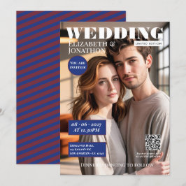 ネイビーとバーガンディの雑誌風ウェディングフォト 招待状
