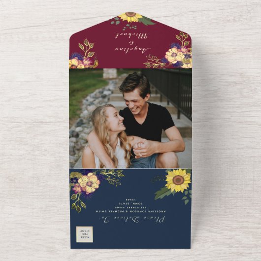 ネイビーとバーガンディーのラスティックフラワーウェディング オールインワン招待状 (外側)