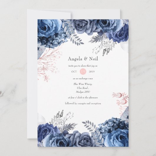 ネイビーとピンクとシルバーフォイルフローラ結婚ズ 招待状 (正面)