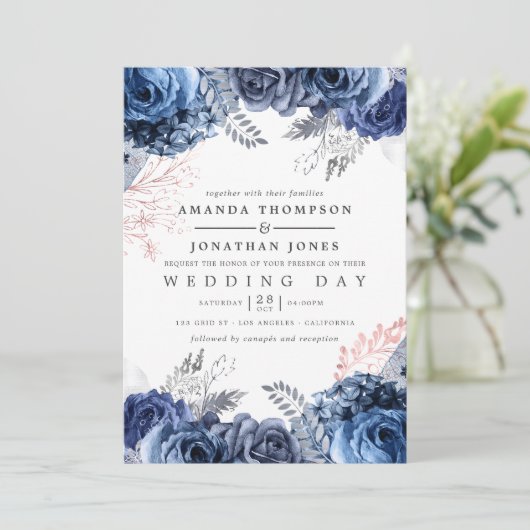 ネイビーとピンクとシルバーフォイルフローラ結婚ズ 招待状 (スタンド正面)