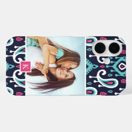 ネイビーとピンクのイカットペイズリーカスタムフォトモノグラム Case-Mate iPhoneケース (裏面 (横))
