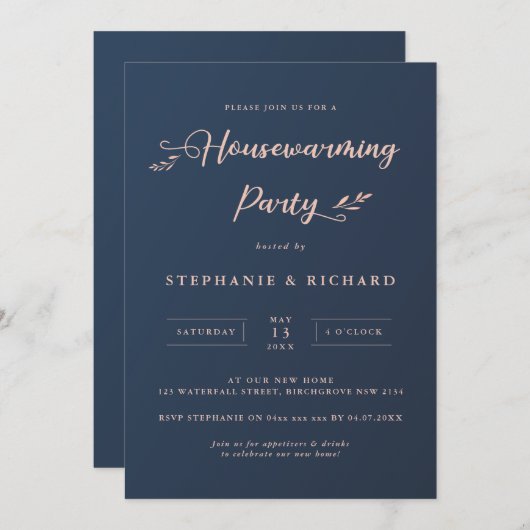 ネイビーとピンクのグリーン新築パーティー 招待状 (正面/裏面)