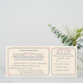 ネイビーとピンクのチケットスタイルの結婚式招待状（RSVP付き） 招待状 (スタンド正面)