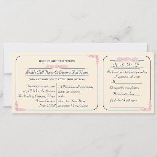 ネイビーとピンクのチケットスタイルの結婚式招待状（RSVP付き） 招待状 (正面)