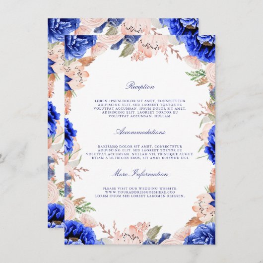ネイビーとピンクのフローラ結婚ズ・インフォメーション・ゲスト エンクロージャーカード (正面/裏面)