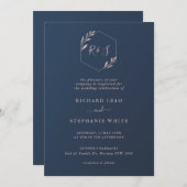 ネイビーとピンクの幾何学的な葉の結婚式招待状 招待状 (正面/裏面)