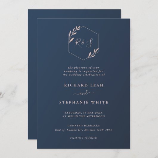ネイビーとピンクの幾何学的な葉の結婚式招待状 招待状 (正面/裏面)