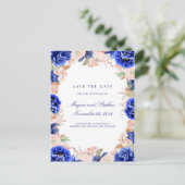 ネイビーとピンクの水の色の花の日付を保存 案内ポストカード (スタンド正面)