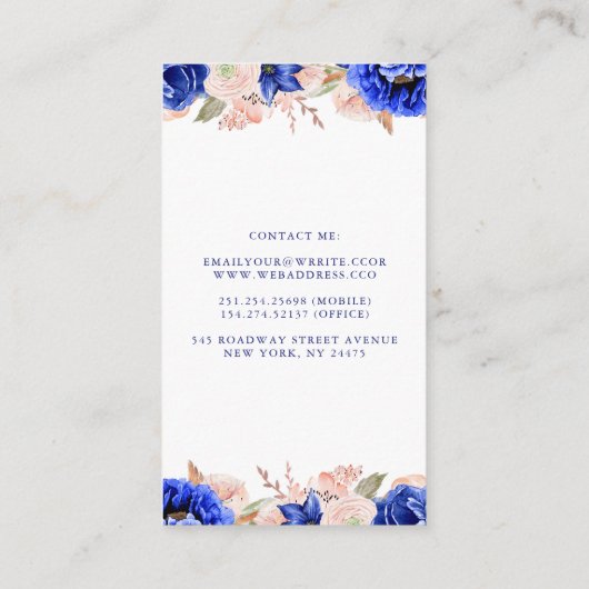 ネイビーとピンクの水彩花エレガント色 名刺 (裏面)