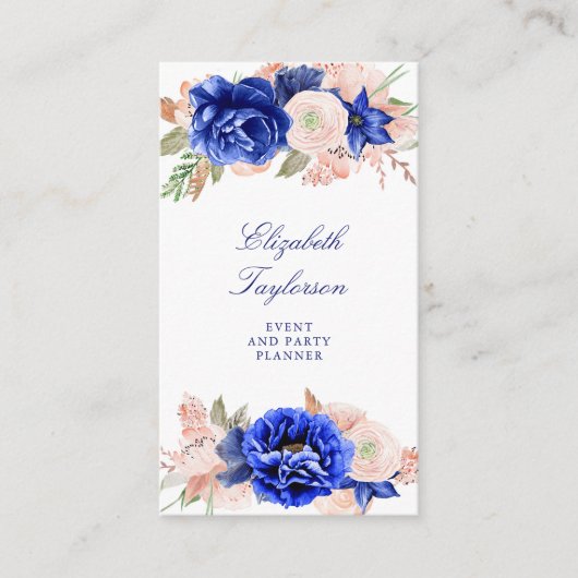 ネイビーとピンクの水彩花エレガント色 名刺 (正面)