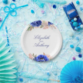 ネイビーとピンクの水彩花エレガント ペーパープレート (パーティー)