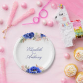 ネイビーとピンクの水彩花エレガント ペーパープレート (パーティー)