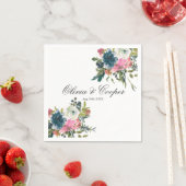 ネイビーとピンクの水色のフローラ結婚ズ スタンダードカクテルナプキン (インサイチュ)
