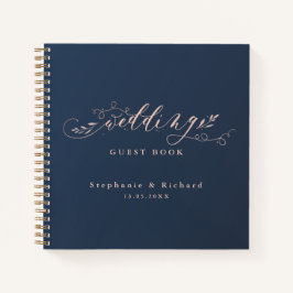 ネイビーとピンクの結婚葉のゲストブック ノートブック
