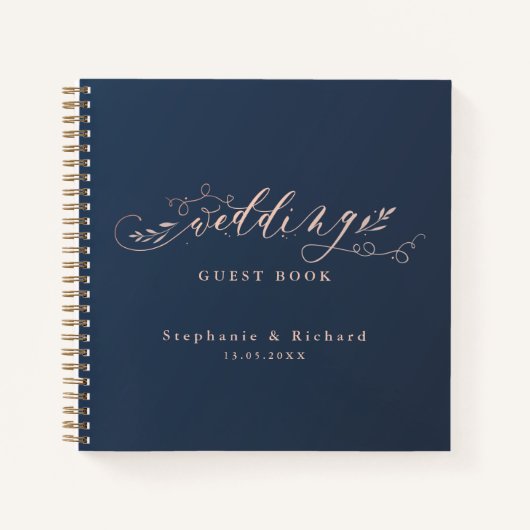 ネイビーとピンクの結婚葉のゲストブック ノートブック (正面)