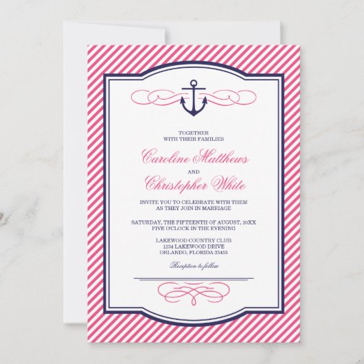 ネイビーとピンクの航海のいかり結婚式招待状 招待状 (正面)