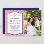 ネイビーとピンクの航海アンカー写真セーブ・ザ・デート セーブザデート (正面/裏面)