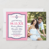 ネイビーとピンクの航海アンカー写真 セーブ・ザ・デート (正面)