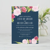 ネイビーとピンクの花の結婚式招待状 招待状 (スタンド正面)