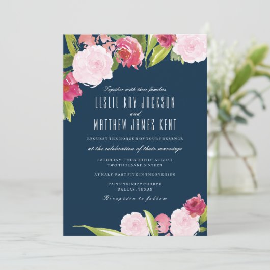ネイビーとピンクの花の結婚式招待状 招待状 (スタンド正面)