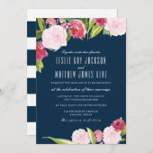 ネイビーとピンクの花の結婚式招待状 招待状 (正面/裏面)