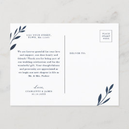 ネイビーとピンクの葉ありがとう葉書 インビテーションポストカード