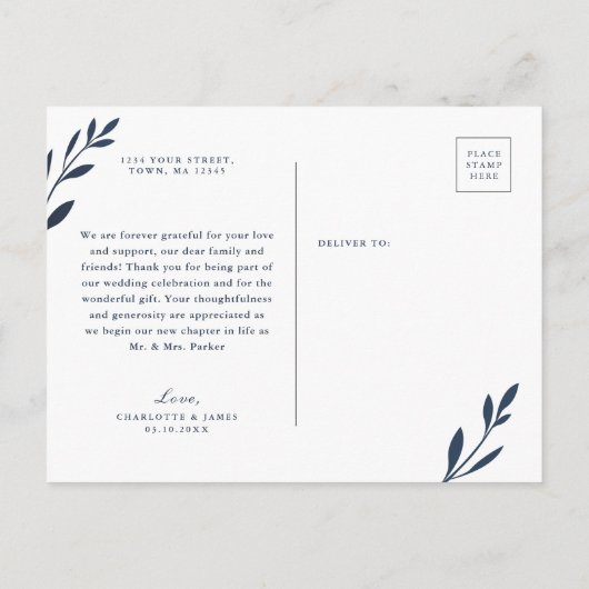 ネイビーとピンクの葉ありがとう葉書 インビテーションポストカード (裏面)