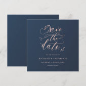 ネイビーとピンクの葉のモチーフのスクエア・セーブ・ザ・デート 招待状 (正面/裏面)