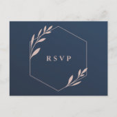 ネイビーとピンクの葉のリマインダーRSVPカード インビテーションポストカード (正面)
