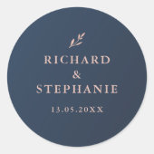 ネイビーとピンクの葉の封筒シールステッカー ラウンドシール (正面)