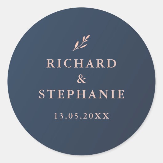 ネイビーとピンクの葉の封筒シールステッカー ラウンドシール (正面)