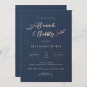 ネイビーとピンクの葉ブランチ&バブリー招待状 招待状 (正面/裏面)