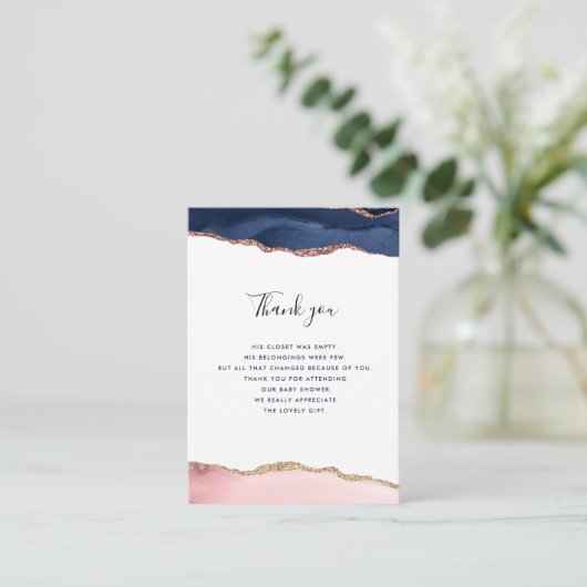 ネイビーとピンクの赤ちゃんシャワーサンキューカード エンクロージャーカード (スタンド正面)