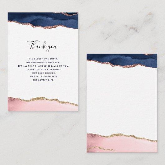 ネイビーとピンクの赤ちゃんシャワーサンキューカード エンクロージャーカード (正面/裏面)