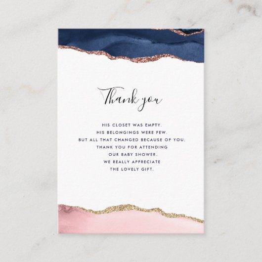 ネイビーとピンクの赤ちゃんシャワーサンキューカード エンクロージャーカード (正面)