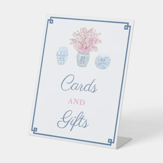 ネイビーとピンクの陳腐なウェディングカードとギフト 台座サイン (正面)